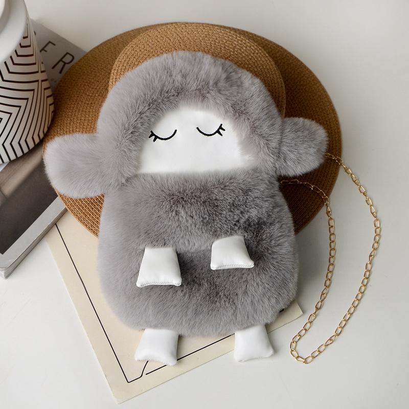 Cute Womens Shoulder Bag Plush Fluffy Sheep Doll Casual Crossbody Bag Kawaii Stuffed Animals Korean Chain Bag серый