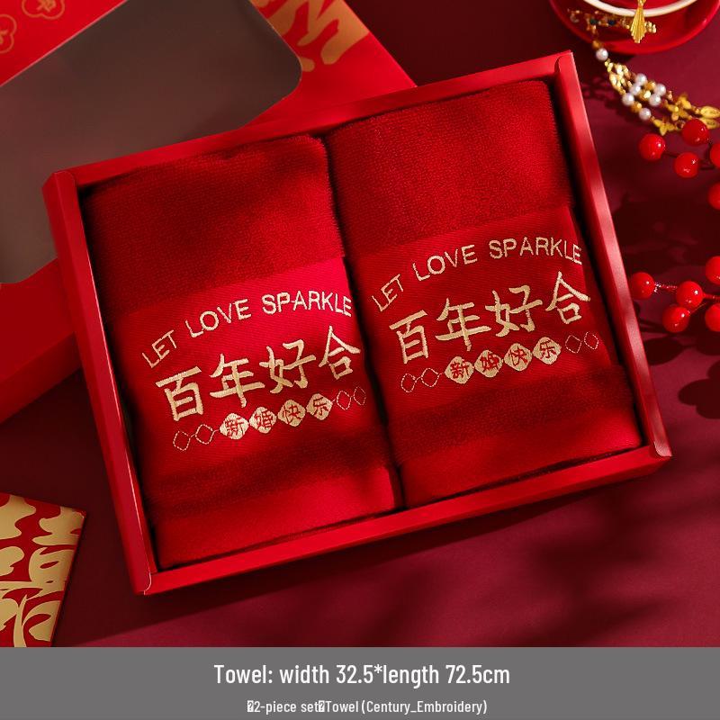 Red Wedding Towel Pair - Bride's Favors, Gift Boxed, Ideal for Dowry