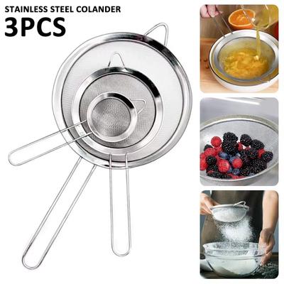Filtro de Malha de Aço Inoxidável Colher Escumadeira Essencial de Cozinha Pacote com 3 Coador Fino para Alimentos com Cabo Longo para Cozinhar