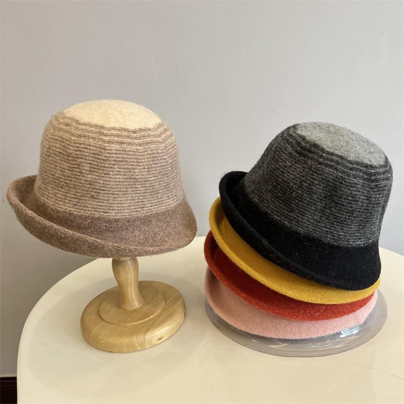

Wool knitted horizontal striped front upturned basin hat women winter warm literary lady fashion dome bucket hat M（56-58cm） чорний