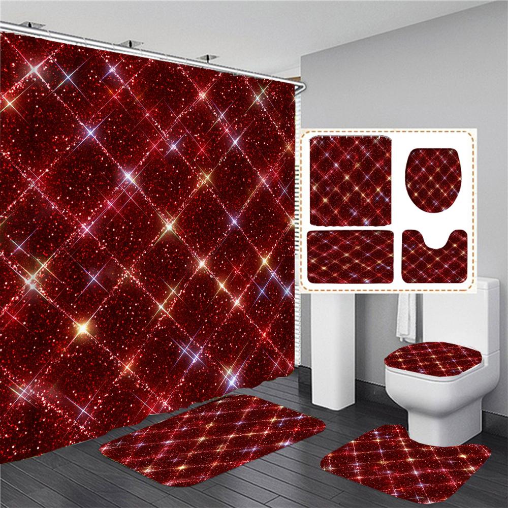 Sparkling Golden Red Shower Curtain Set With Non-Slip Rugs Toilet Lid Cover And Bath Mat Glitter Shower Curtain Bathroom Decor