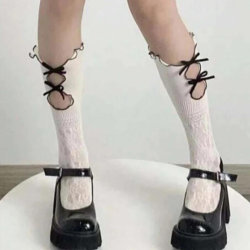 1 Pair Hollow Lace Women Long Stockings Fashionable Versatile Knotted White Lolita Style Comfortable Breathable Casual Socks