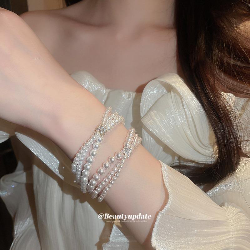 French retro zircon three-layer pearl beaded bracelet light luxury high-end bracelet beautiful design versatile jewelry