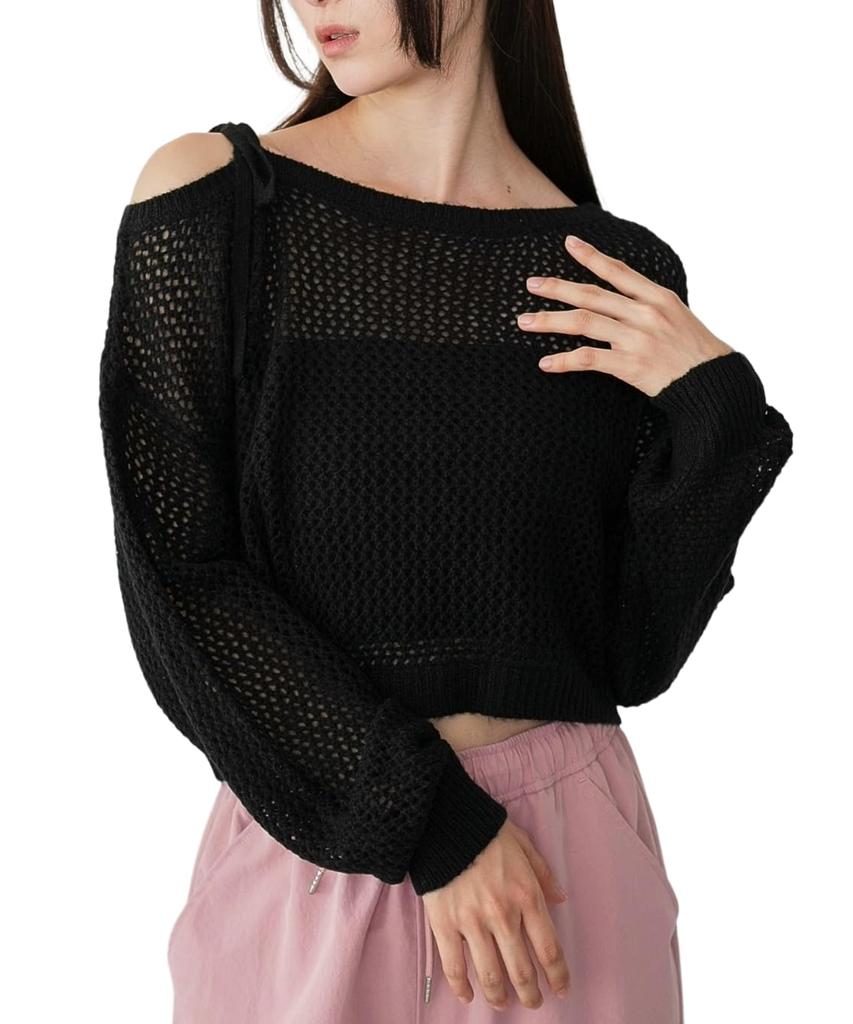 WEGO Mohair Touch Size Black Women's 2-Way One-Shoulder Knit, F,