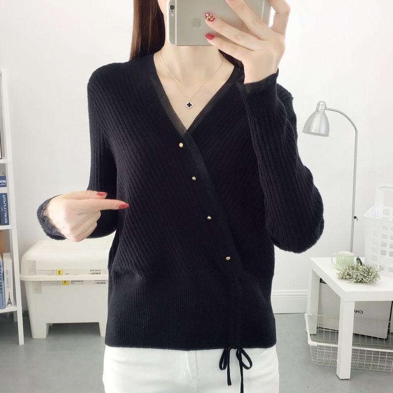 

Осень Новый Женский Свитер с V-образным вырезом Корейская Мода Однотонный Кружево Пуговица Кулиска Темперамент Свободный Пуловер с Длинным Рукавом Вязаный Топ L чёрный