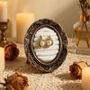 Ring Display Tray with Multiple Horizontal Slots, Ornate Oval Scrollwork Frame and Flat Base for Tabletop Presentation