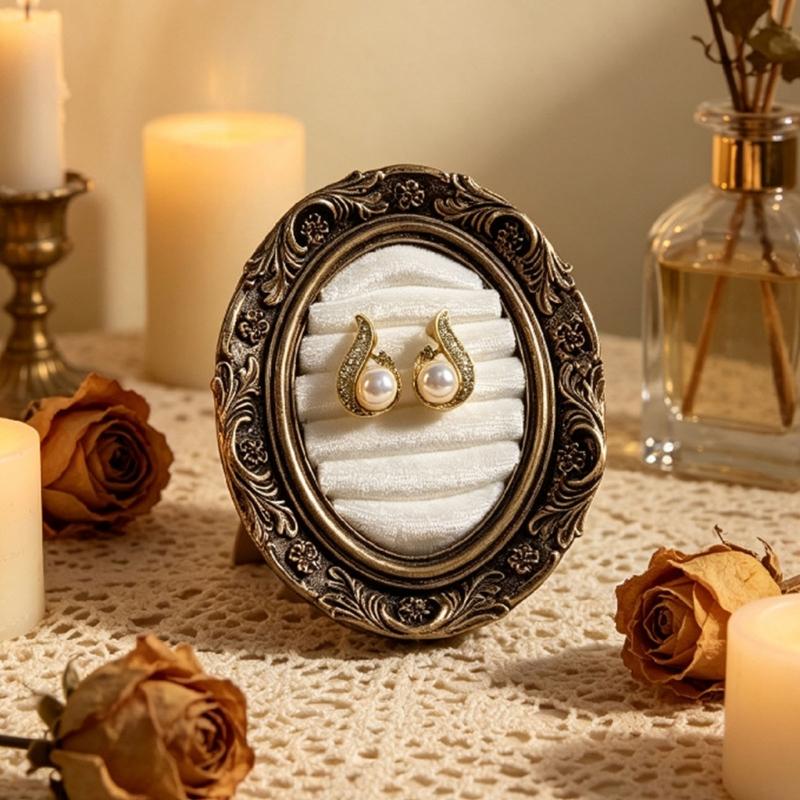 Ring Display Tray with Multiple Horizontal Slots, Ornate Oval Scrollwork Frame and Flat Base for Tabletop Presentation