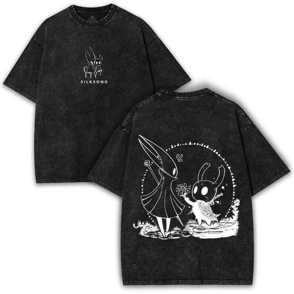 Полый рыцарь: Футболка Silksong Hornet & Knight, винтажная стирка, инди-игра, унисекс, для фанатов Metroidvania, уличная одежда, 100% хлопок, повседневная, с коротким рукавом L