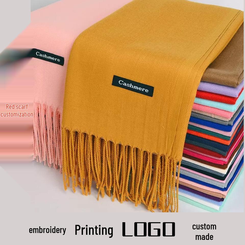 Imitation Cashmere Tassel Scarf - Chinese Red, Ideal for Autumn/Winter Celebrations, Company Events, and Parties with Custom Printed Logo