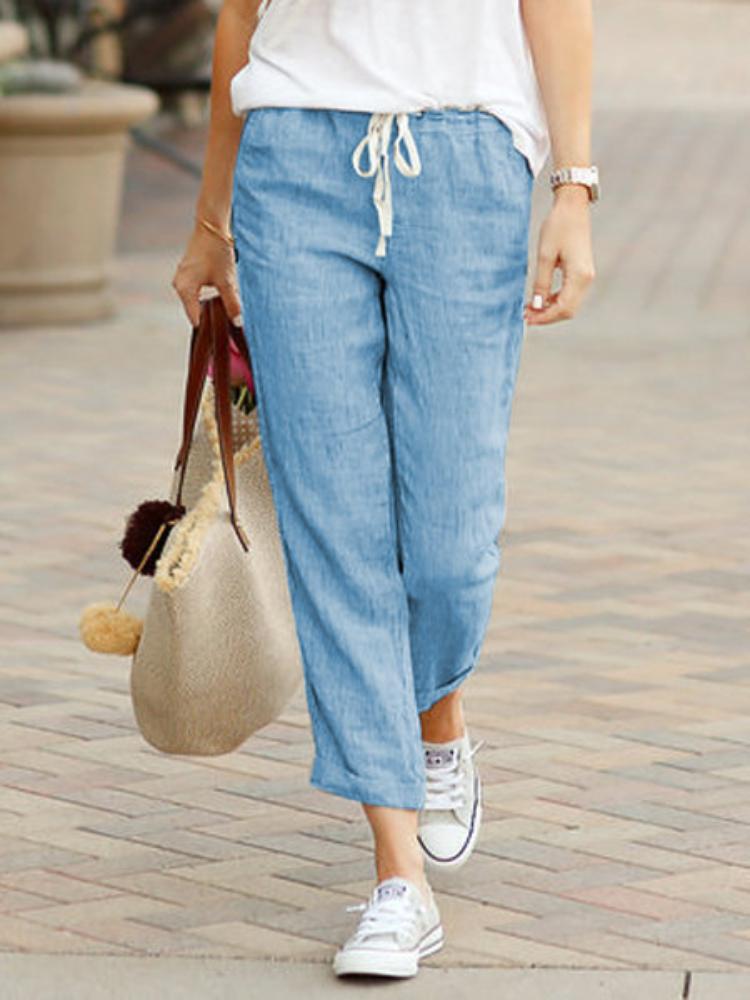 Women's Cotton Linen Pants Drawstring Elastic Waist Trousers Casual Solid Color Long Pants