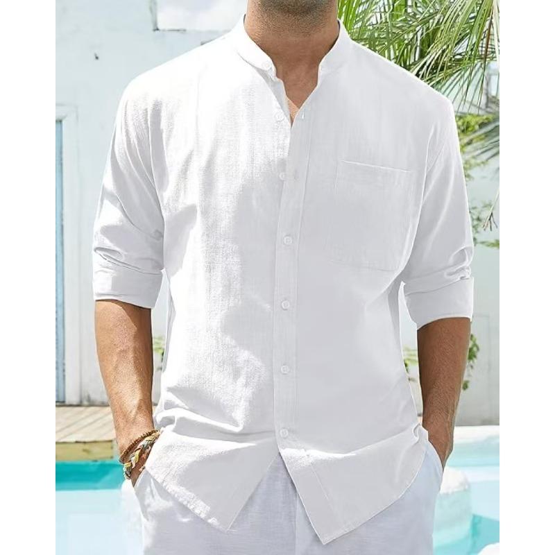 Men Stand Collar Solid Long Sleeve Shirt, Cotton Linen-like Breathable Casual Shirt Cross-border Men Top