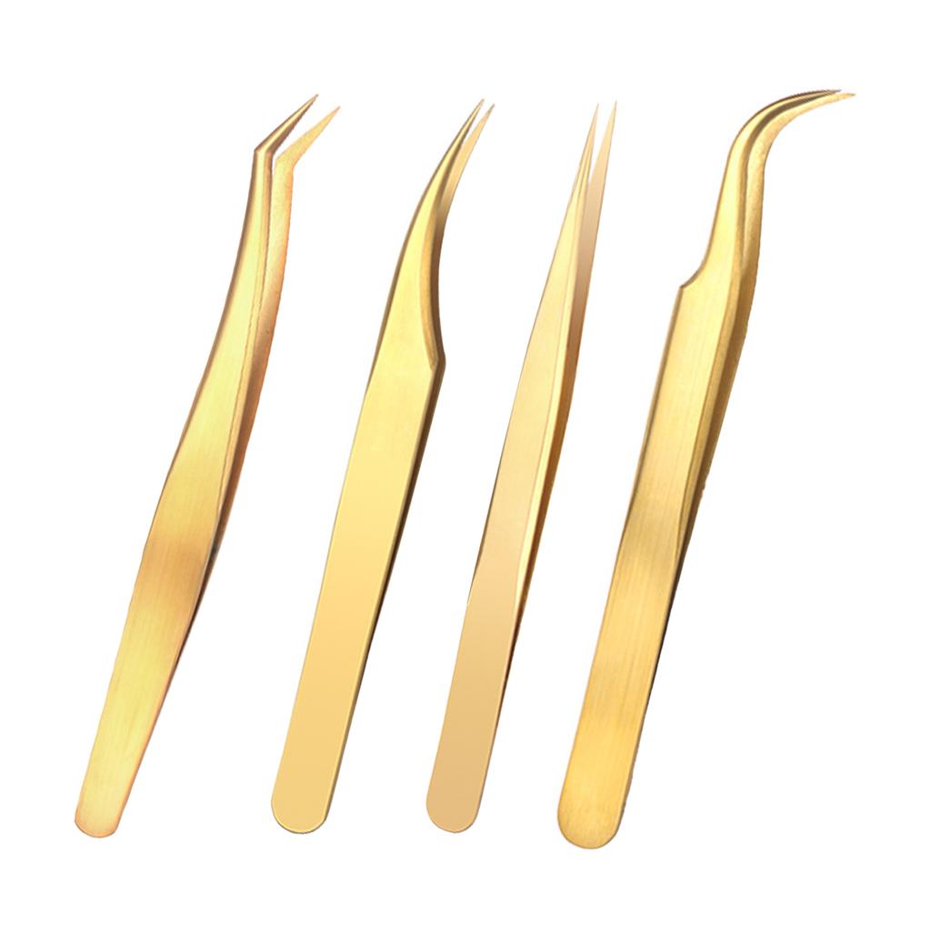 Gold Color Stainless Steel Eyelash Extension Tweezers Curved Straight Lashes Tweezer Eyelashes Nail Makeup Tools