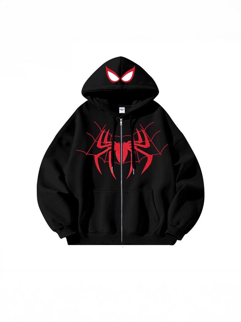 Spider Print Zip Up Hoodie for Men Women, Personalized Full Zip Hooded Sweatshirt, Streetwear Pullover Jacket with Pockets, Black