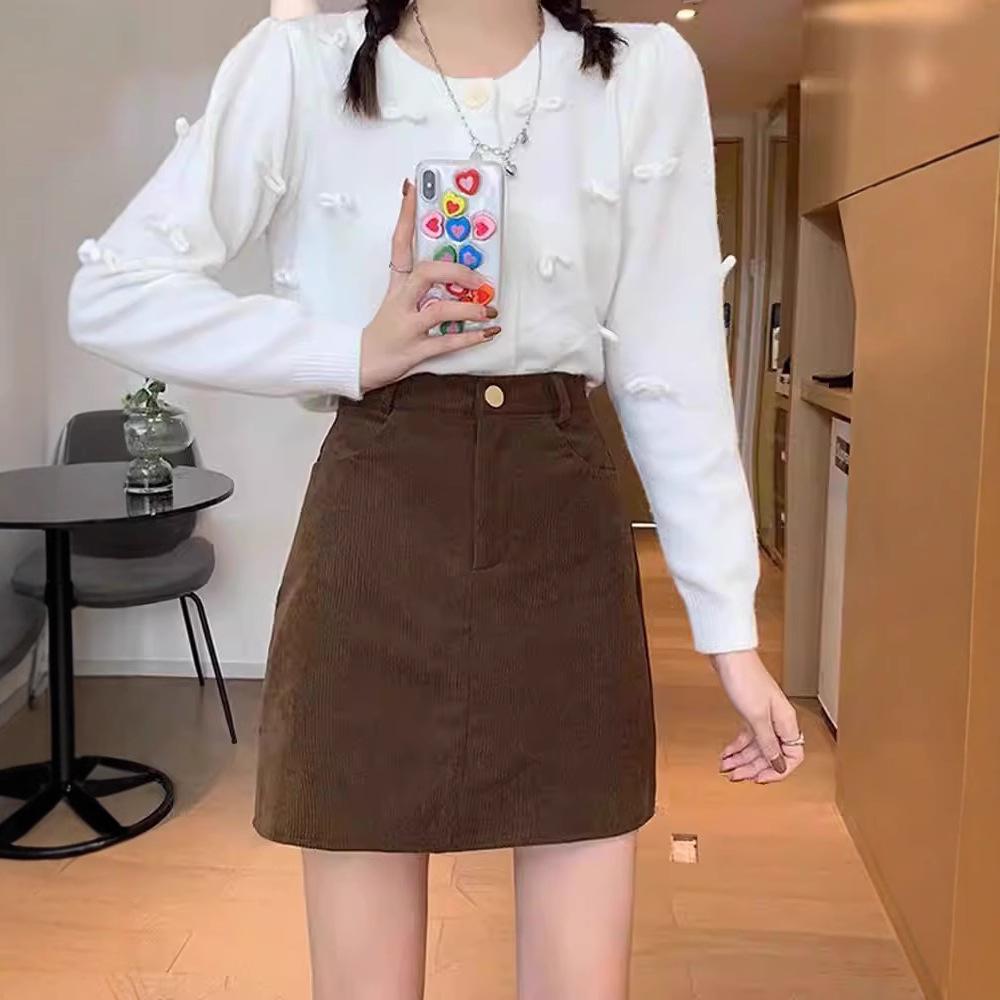 Women's Plus Size High Waist Coffee Corduroy A-Line Skirt - Slimming Anti-Exposure Short Skirt for Fall/Winter