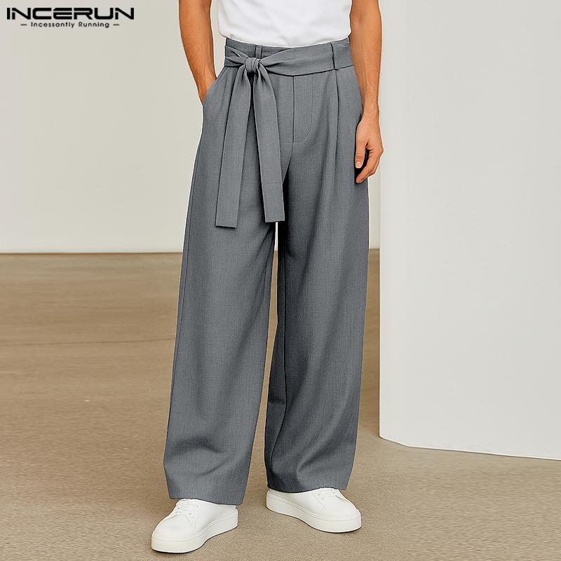 

INCERUN Men Bandage Zipper Waist Solid Casual Long Straight Pants 5XL темно-сірий