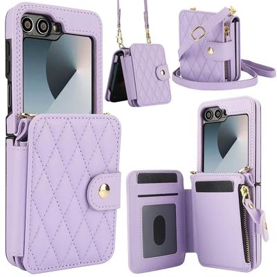 Crossbody Wrist Strap Wallet with Card Holder Phone Case for Samsung Galaxy Z Flip 6 5 4 3 Flip6 Flip5 Flip4 Flip3 Leather Cover