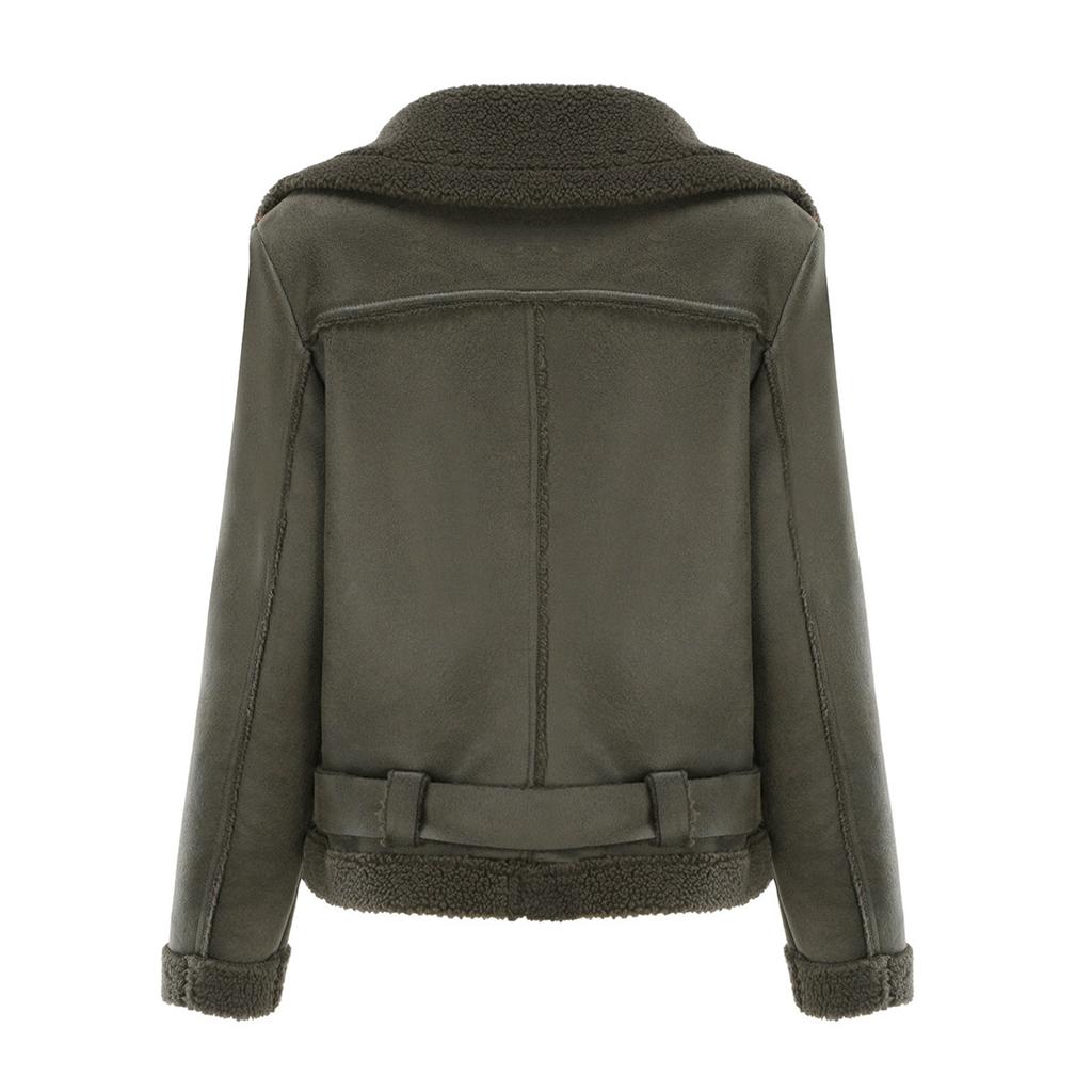 Giacca da donna in pelle scamosciata con cintura e revers, con isolamento termico integrato