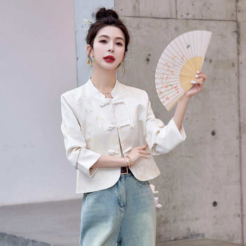 Off-white Coat Women's Short Spring and Autumn New Disc-buckled Stand-up Collar Jacquard Tang Suit Top Trendy