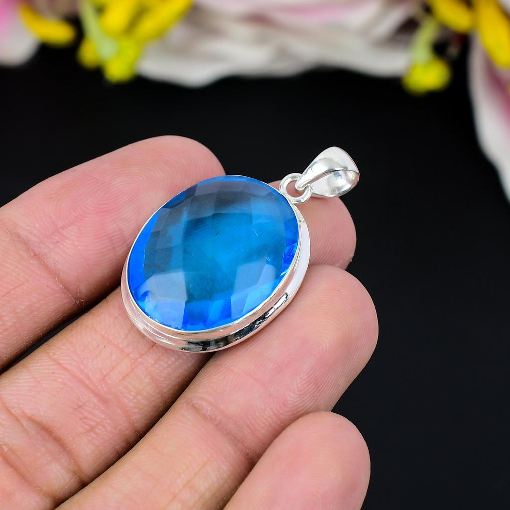 Blue Topaz Gemstone Handmade 925 Sterling Silver Jewelry Pendant 1.50" KG-282