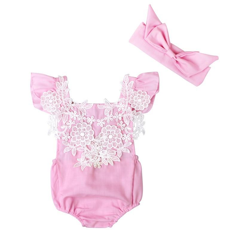 

Милий рожевий одяг для дівчаток, мереживний дитячий комбінезон із квітами та пов’язка на голову з бантом 100
