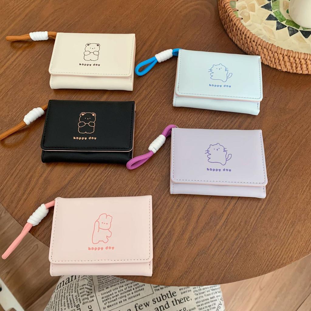 Bear Printed Wallet Ins Female Multifunctional Cute Student Storage Card Pack Triple Fold Lanyard Wallet