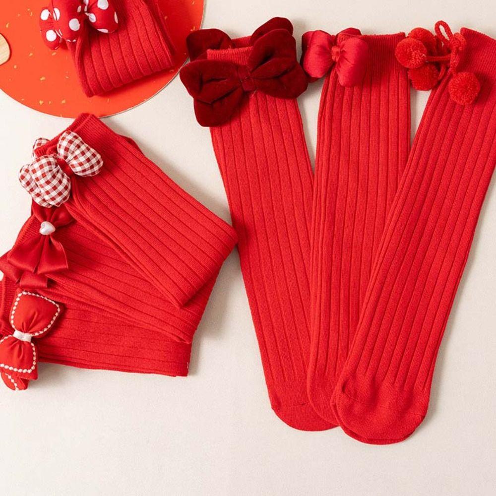 Cotton Bow Hosiery for Kids Middle Tube Children Long Socks Cute New Year Red Socks  Home Socks