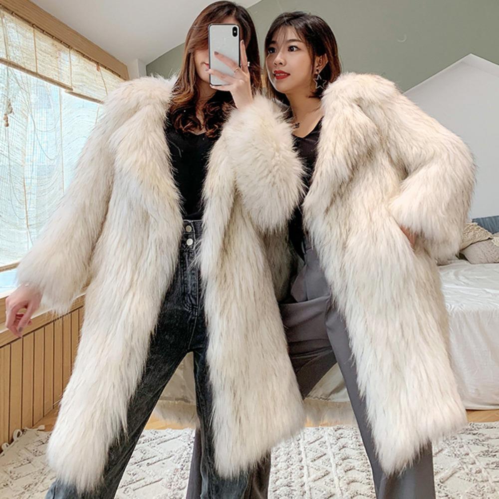 Women's New Raccoon Fur Jacket Women's Long Fox Hair Suit Collar Fur Coat Loose Casual Trench Coat