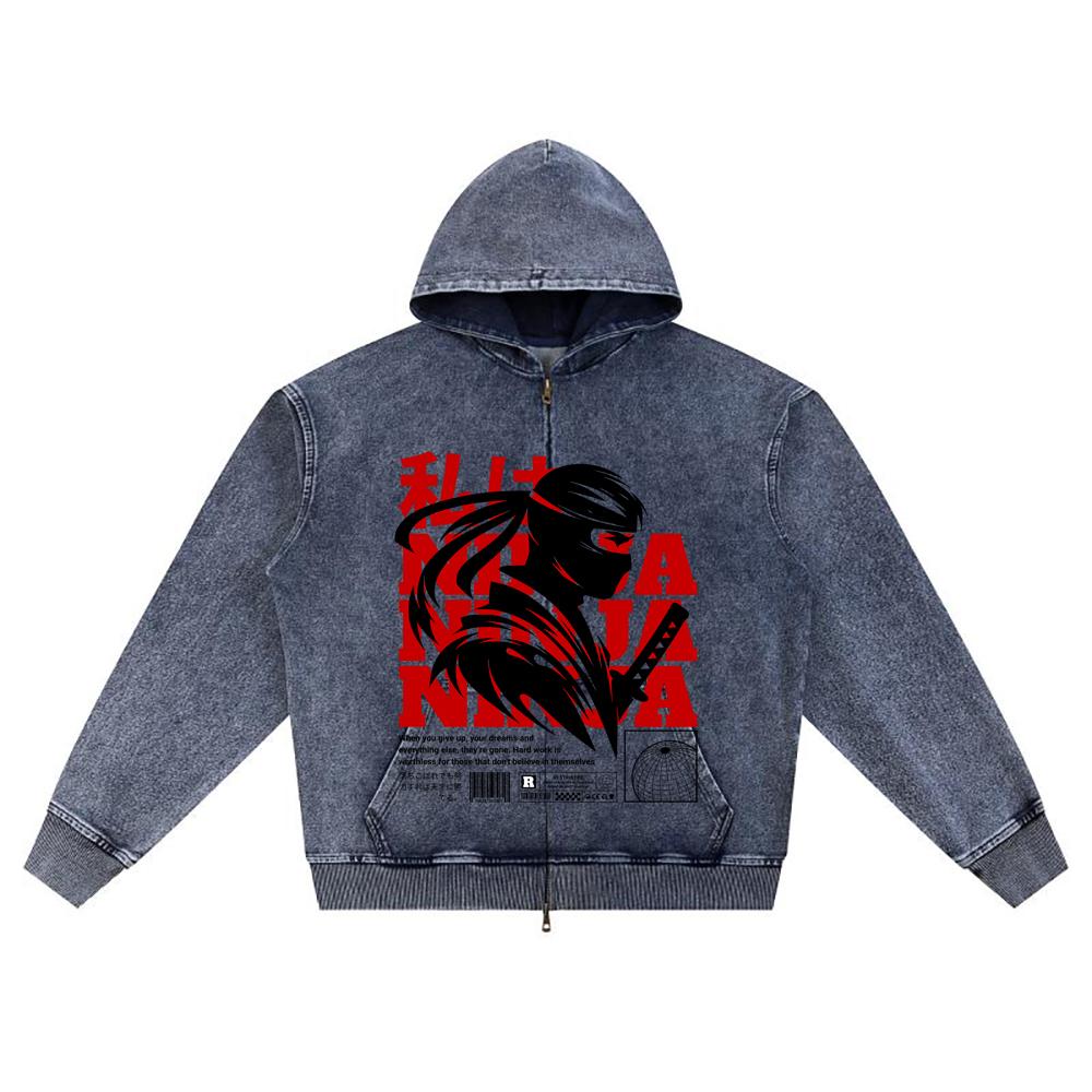 

Худи на молнии из вязаного денима с принтом DTG Ninja Brother XL темно-синий