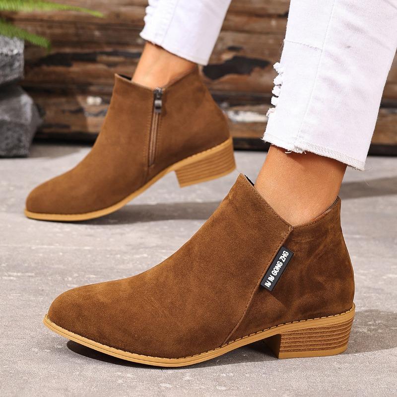 Women's Boots Autumn and Winter New Fashion Suede and Bare Boots Side Zipper Square Heel Short Boots