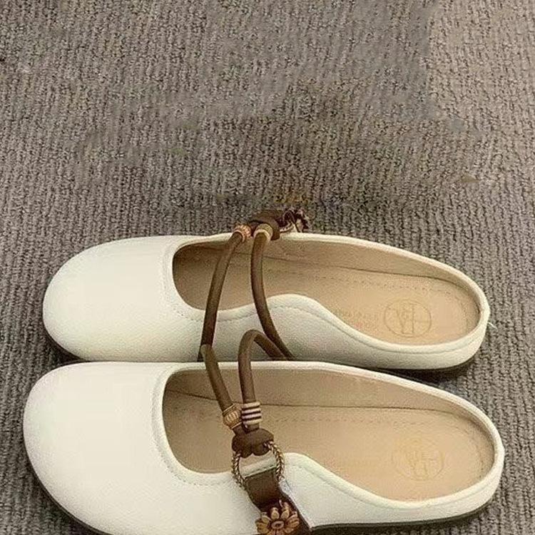 

Баотоу полутапочки женские летние для улицы 2025 новые на плоской подошве с одним ремешком с полуподдержкой одинарные туфли на мягкой подошве французские крутые тапочки 40 бежевый