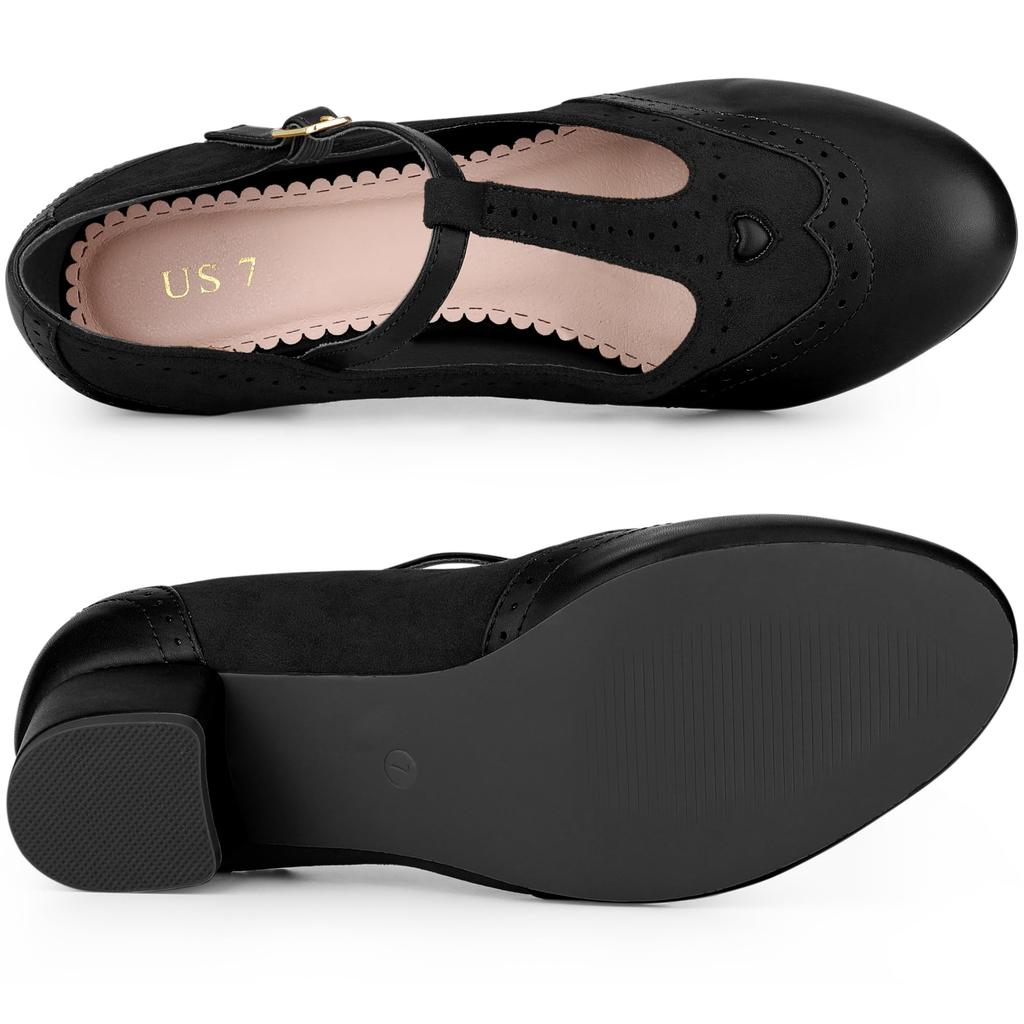 Allegra K Women's Mary Jane T-Strap Ankle Strap Block Heel Pumps, Black, Size 25.5cm