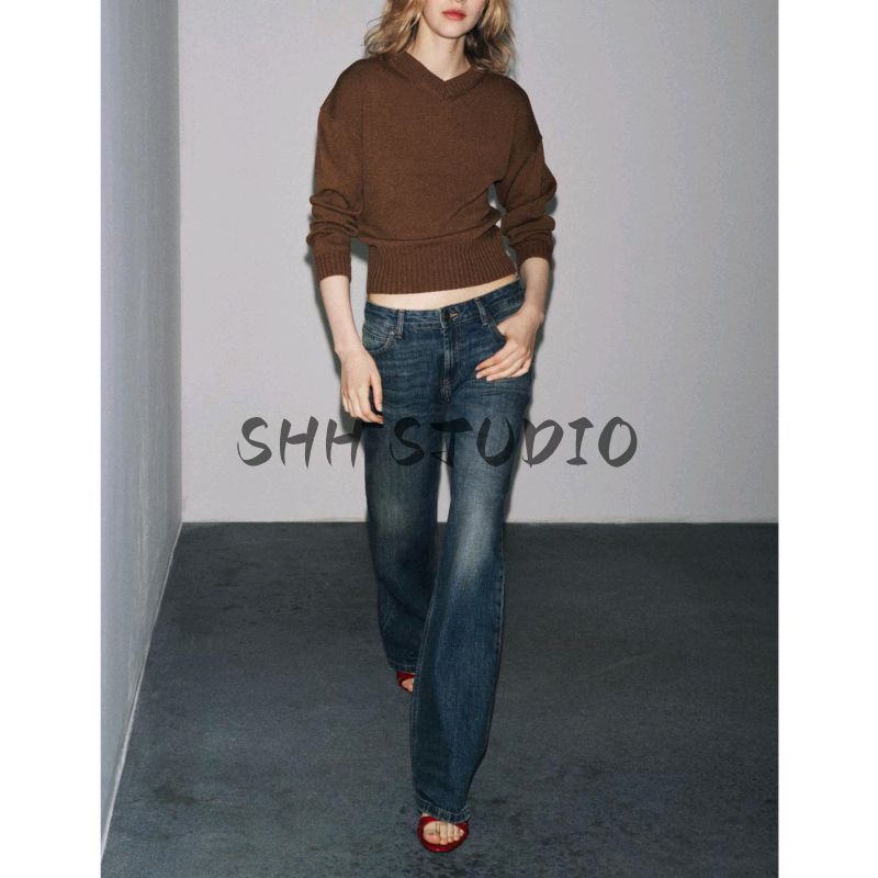 Fall Women's Clothing Idle Style Rib Trim Pure Color Simple Waist Fitted V-neck Long-Sleeve Knitwear 6771140