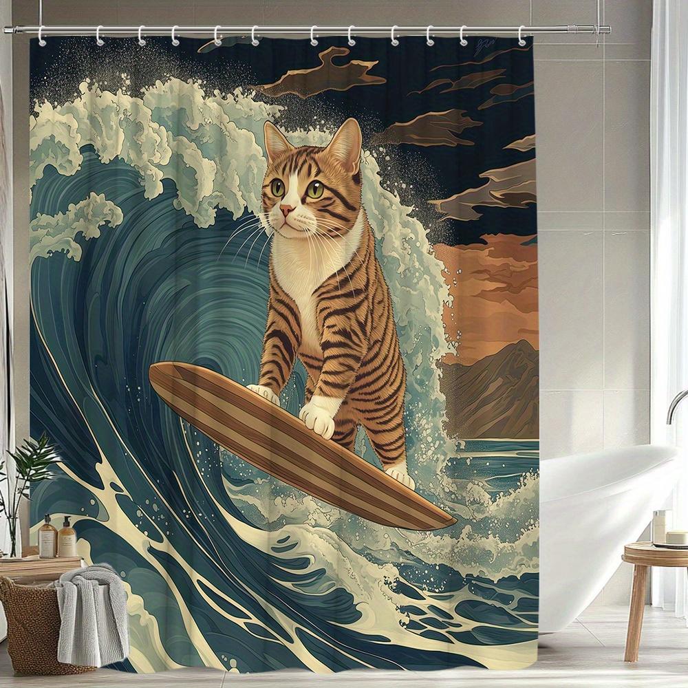 1pc Cat Surfboard Shower Curtain - Retro Fun Cartoon Animal Print with 12 Hooks, Washable Polyester Bathroom Decor