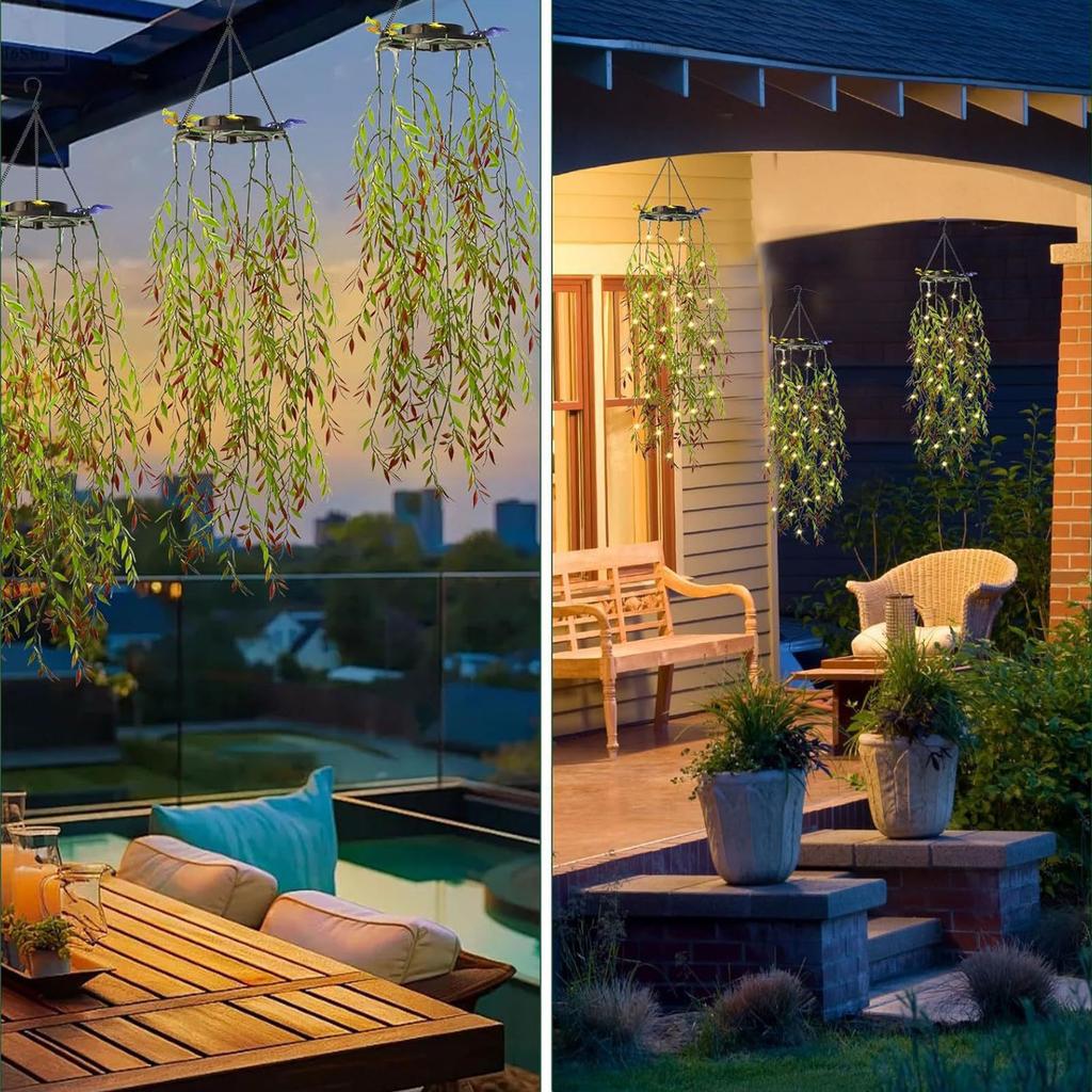 Solar Powered Outdoor Hanging Willow Leaf Light Decoration with Multiple LED Bulbs for Garden Patio Porch Yard Use Waterproof Design