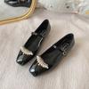 Niche Light Luxury 2025 Summer Retro Square Head Pearl T-shaped Buckle with Low Heel Mary Jane Women's Shoes Temperament Gentle Single Shoes