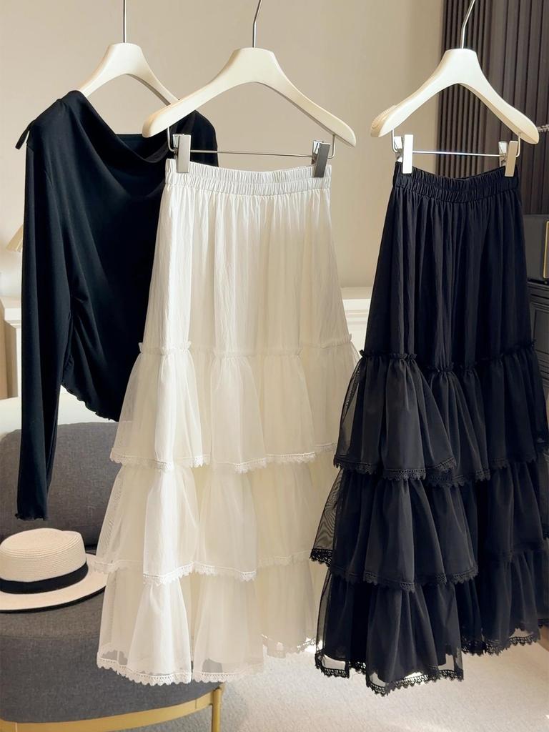 Spring-Summer Lace Mesh Puffball High Waist A-Line Skirt for Women