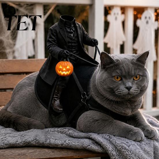Pohodlný kostýmový doplněk pro mazlíčky Bezhlavý jezdec Kočičí kostým, Halloween 3D Vtipný jezdecký outfit s dýní Roztomilé psí oblečení na párty lucernu,