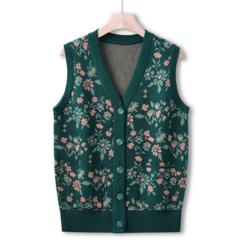 

Средний Бабушкин Осенний Свитер-Жилет Мамин Пакет Вязаный Свитер-Жилет Кардиган Топ Одежда для Пожилого Мужчины Пожилой Женщины M (recommended within 45kg) зелёный