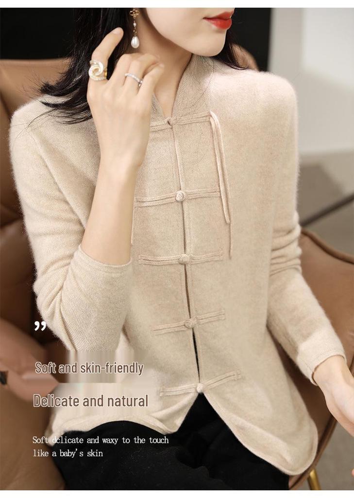 Women's Retro Chinese Style Wool Cardigan - Autumn/Winter Stand Collar with Frog Buttons