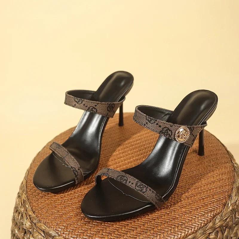 Fashion High Heel Sexy Slippers Women Thin Heels Metal Decoration One-Length Strap Leaks Toes Heels Women Versatile New Summer Heels