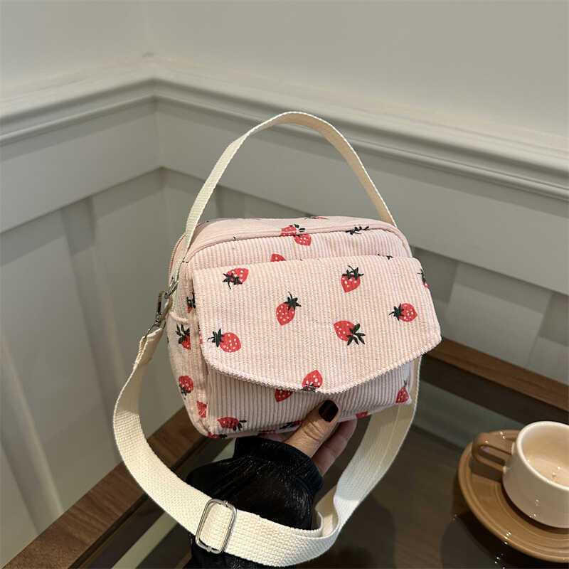 Cartoon Corduroy Shoulder Crossbody Bag for Women New Japanese Style Girl Student Strawberry Phone Bag