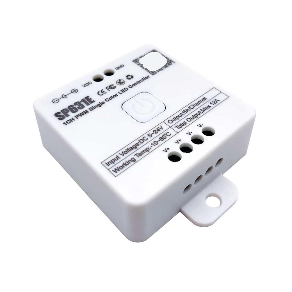 SP631E PWM Single Color LED 2.4 Controller, Suitable for DIM 5050 FCOB LED Light Strip, DC5V-24V, White, Push Button, Manual Operation