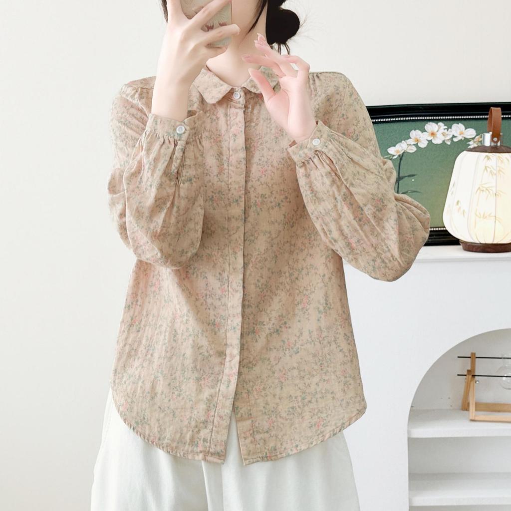 Stylish Blue Floral Double Layer Cotton Gauze Long Sleeve Women's Shirt - Spring 2026 Collection