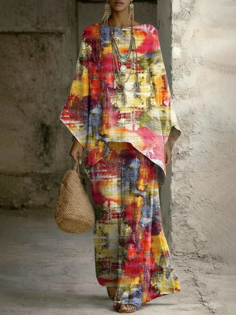 European and American retro bohemian suit exotic print loose top wide-leg pants temperament casual two-piece set