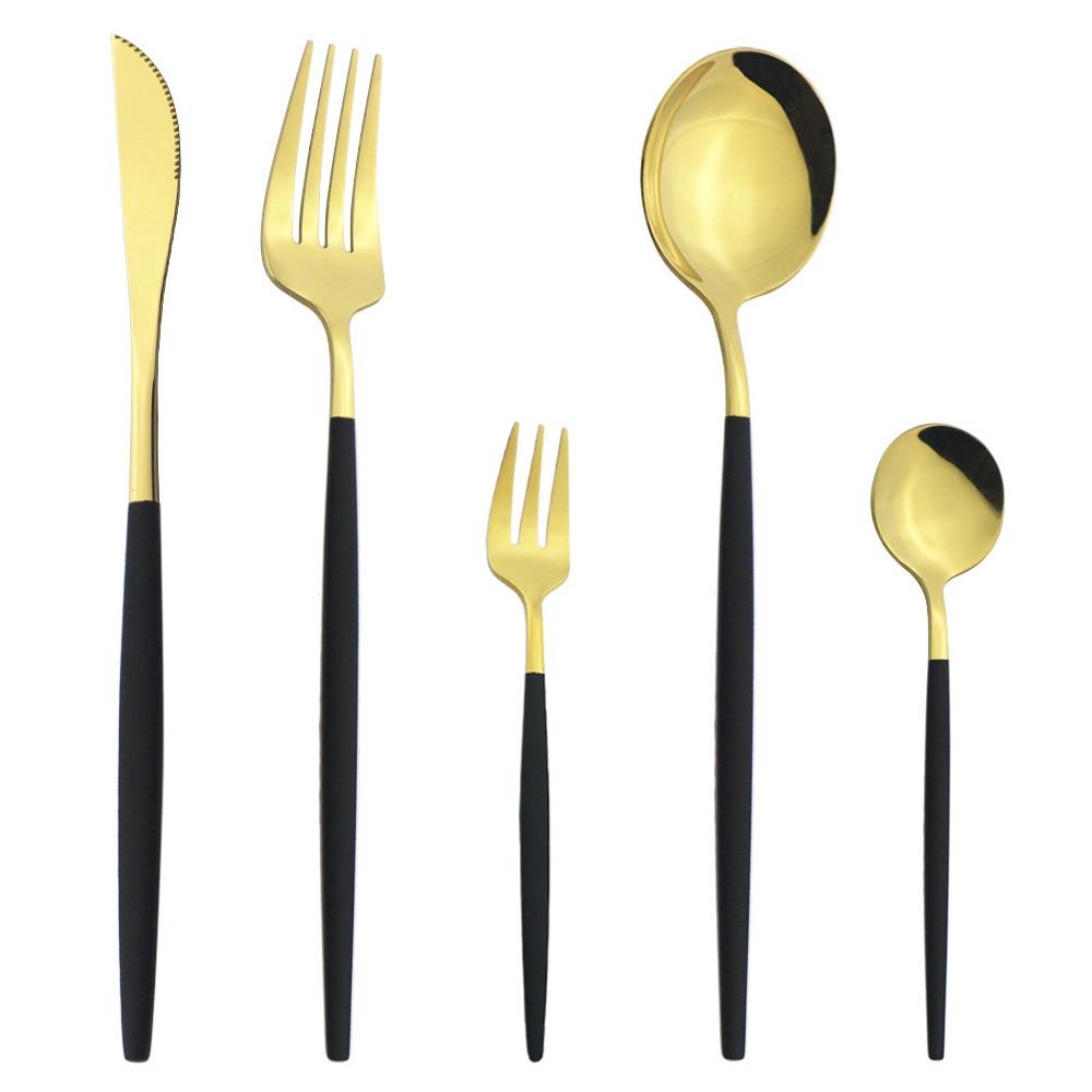 5Pcs White Gold Dinnerware Cutlery Set Knife Dessert Fork Coffee Spoon Tableware Stainless Steel Dinner Flatware Silverware Set