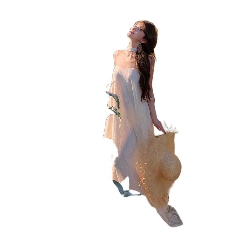 Heavy Industry Lace Mesh Disc Embroidered Dress, High-end Light Luxury Beige Long Sleeveless Dress Dress
