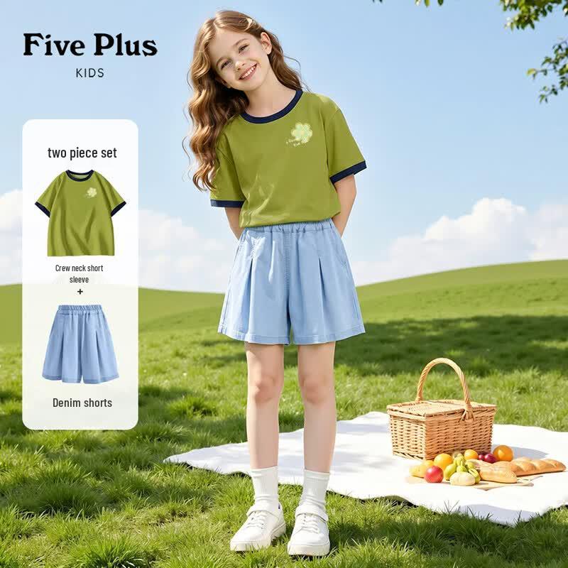FivePlus Girls  Lightweight Short Sleeve & Lyocell Denim Shorts Set (2026 Summer) 160