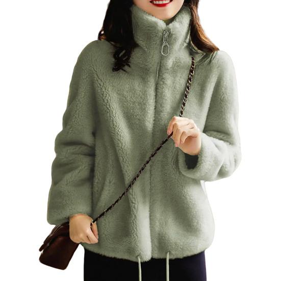 Women's Fuzzy Fleece Jacket Long Sleeve Stand Collar Full Zip Up Sherpa Coat Fall Winter Warm Jacket with Pockets