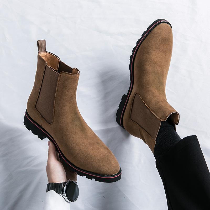 Fashionable Chelsea Boots with Pointed Suede Black Brown Beige Short Tube Anti Slip and Wear-resistant Size 38-46 Men's Boots
