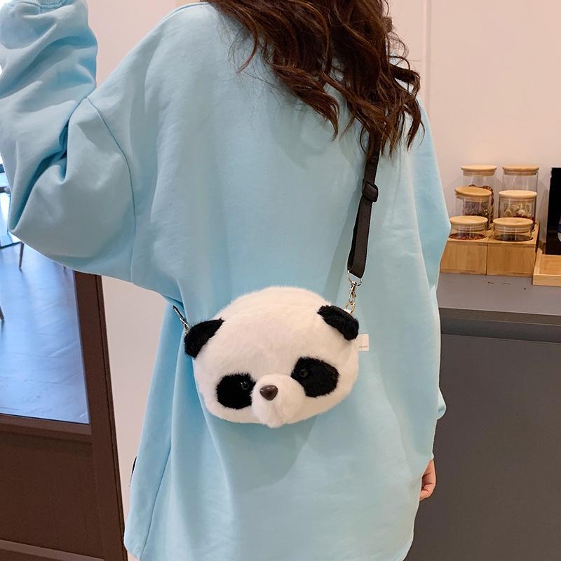 Panda Head Crossbody Bag Versatile Cute Plush Bag Cartoon Shoulder Bag